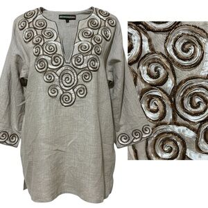 Key lime and Pink Embroidered Linen tunic Size L beige tan Beaded NWOT Beautiful